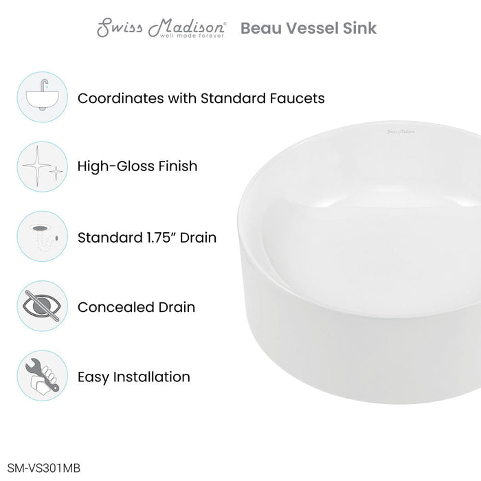 Swiss Madison Beau 16.5" Round Vessel Bathroom Sink