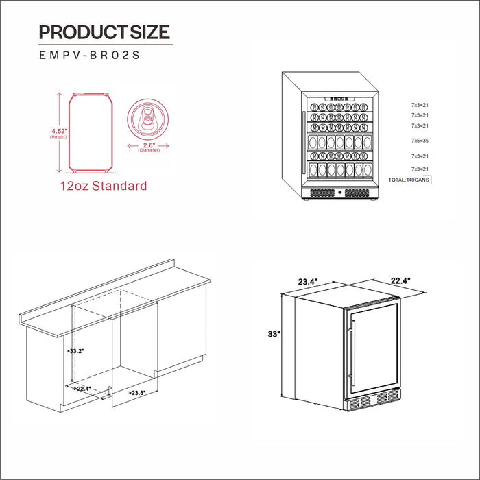 Empava 24 Inch Freestanding & Under Counter Beverage Fridge EMPV-BR02S