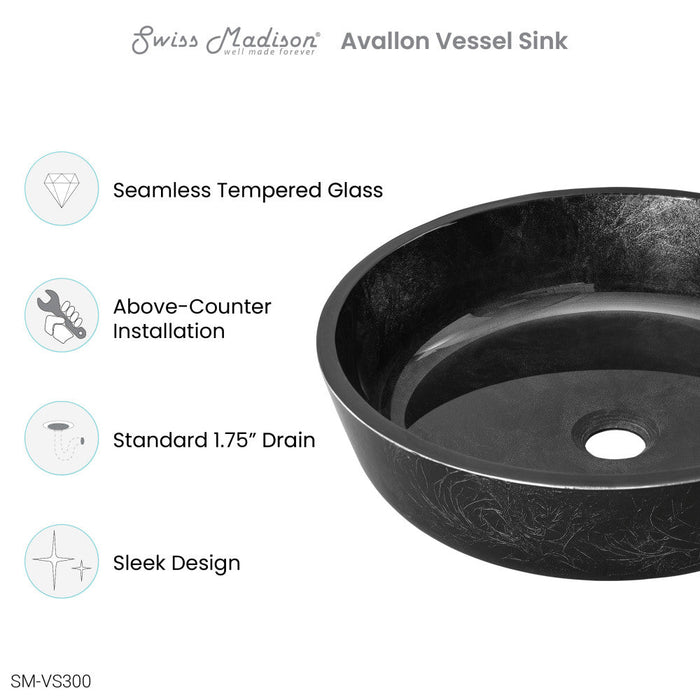 Swiss Madison Avallon 16.5 " Round Glass Vessel Sink, Black