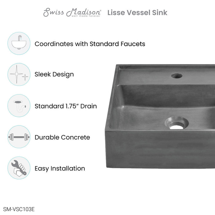 Swiss Madison Lisse 16" Square Concrete Vessel Bathroom Sink in Dark Grey - SM-VSC102E