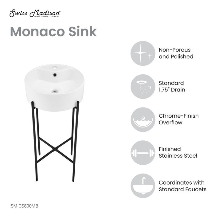 Swiss Madison Monaco 15.75" Round Console Sink with Faucet Mount, White Basin Matte Black Legs