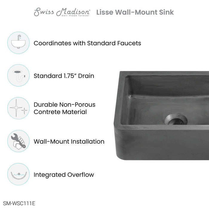 Swiss Madison Lisse 16" Rectangle Concrete Wall-Mount Bathroom Sink in Dark Grey - SM-WSC111E