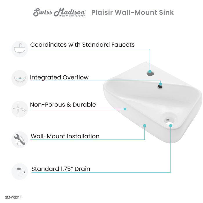 Swiss Madison Plaisir 18 x 11 Ceramic Wall Hung Sink with Left Side Faucet Mount - SM-WS314