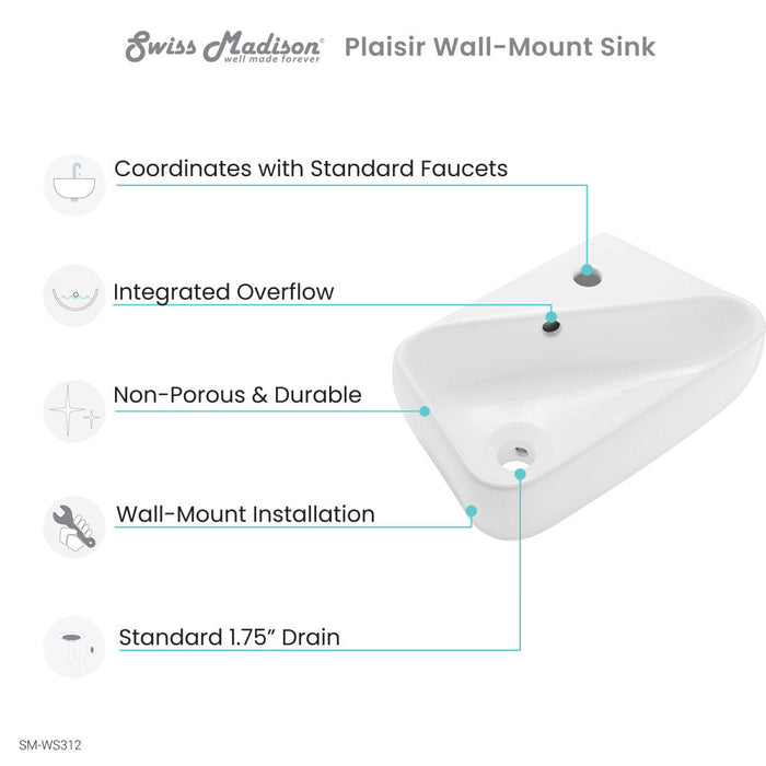 Swiss Madison Plaisir 18 x 11 Ceramic Wall Hung Sink with Right Side Faucet Mount - SM-WS312