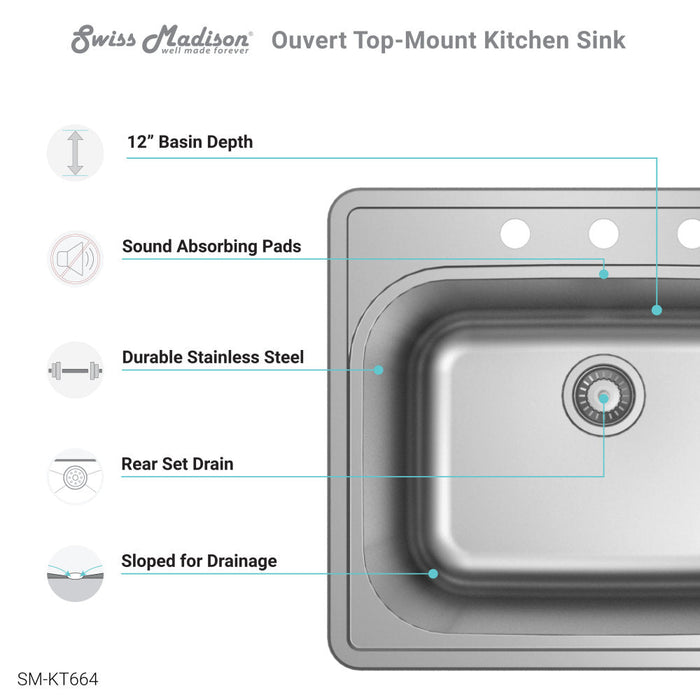 Swiss Madison Ouvert 25 x 22 Stainless Steel, Single Basin, Top Mount Kitchen Sink