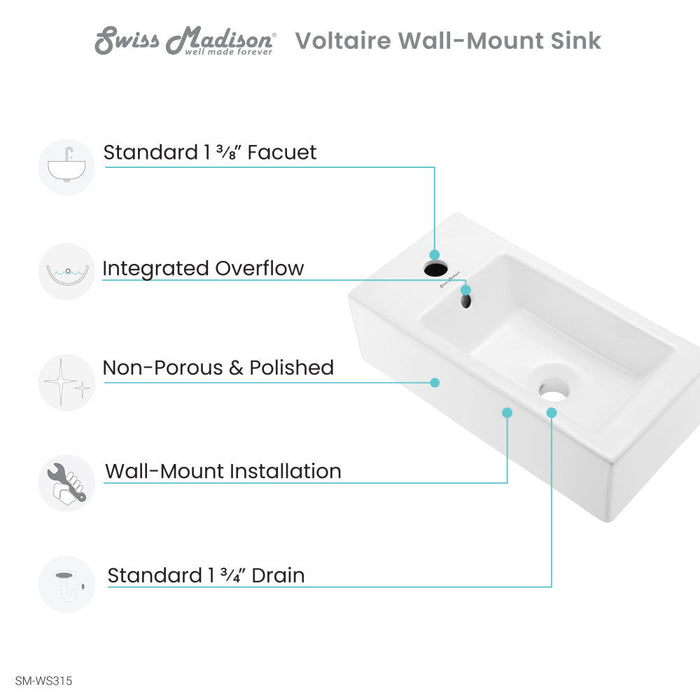 Swiss Madison Voltaire 19.5 x 10 Rectangular Ceramic Wall Hung Sink with Left Side Faucet Mount - SM-WS315