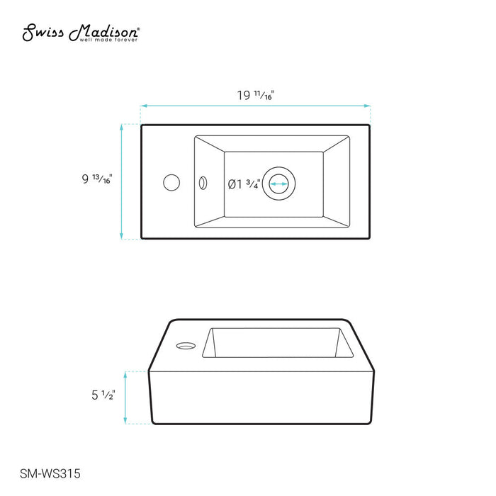 Swiss Madison Voltaire 19.5 x 10 Rectangular Ceramic Wall Hung Sink with Left Side Faucet Mount - SM-WS315