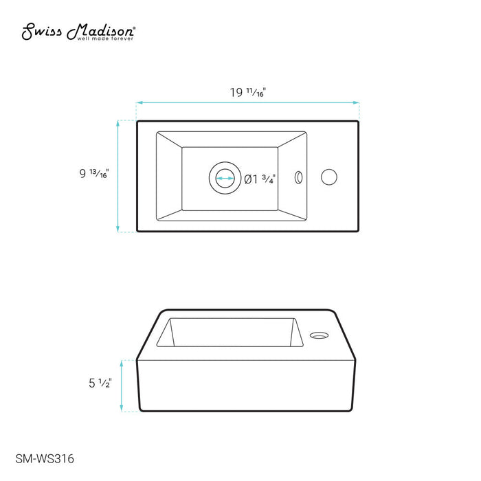 Swiss Madison Voltaire 19.5 x 10 Rectangular Ceramic Wall Hung Sink with Right Side Faucet Mount - SM-WS316