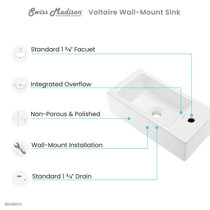 Swiss Madison Voltaire 19.5 x 10 Rectangular Ceramic Wall Hung Sink with Right Side Faucet Mount - SM-WS316