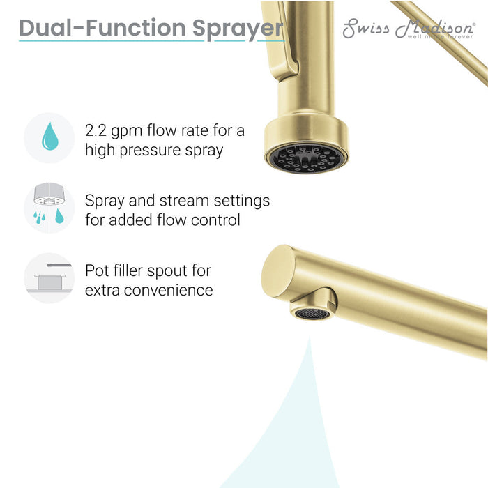 Swiss Madison Nouvet Single Handle, Pull-Down Kitchen Faucet with Pot Filler in Brushed Gold