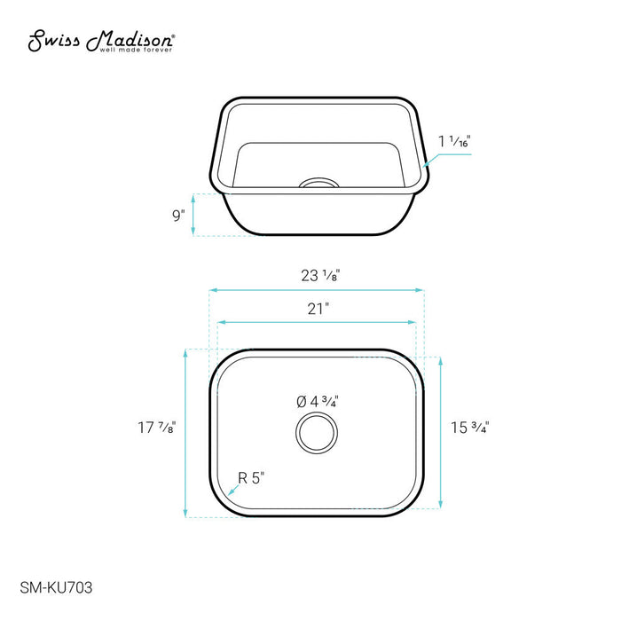 Swiss Madison Toulouse 23 1/8 x 17 7/8 Stainless Steel, Single Basin, Undermount Kitchen Sink - SM-KU703