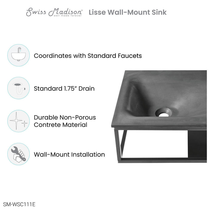 Swiss Madison Lisse 24" Rectangle Concrete Wall-Mount Bathroom Sink in Dark Grey - SM-WSC112E