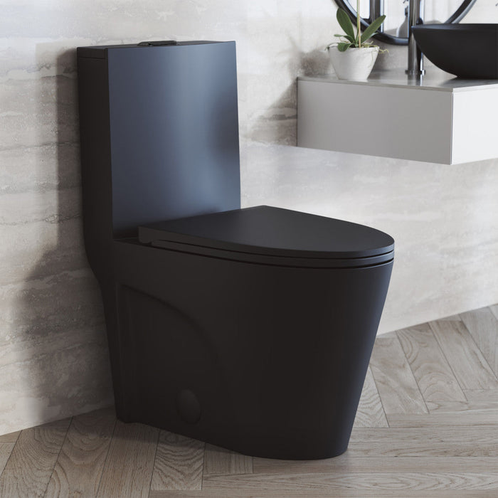 Swiss Madison St. Tropez One Piece Elongated Toilet Dual Vortex™ Flush in Matte Black, Black Hardware 1.1/1.6 gpf