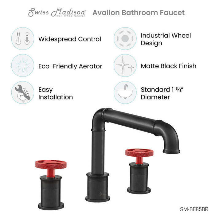 Swiss Madison Avallon 8 in. Widespread, 2-Handle Wheel, Bathroom Faucet in Matte Black with Red Handles