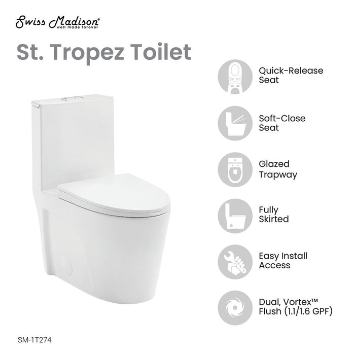 Swiss Madison St. Tropez One Piece Elongated Toilet Dual Vortex Flush 1.1/1.6 gpf with 10" Rough In