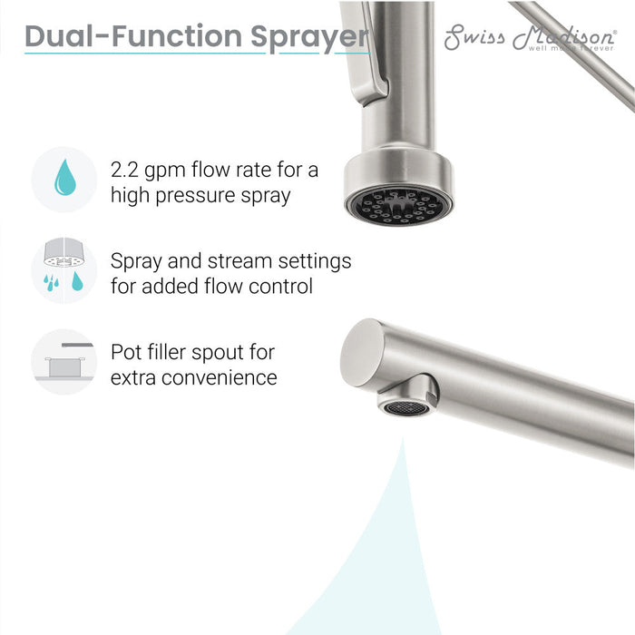 Swiss Madison Nouvet Single Handle, Pull-Down Kitchen Faucet with Pot Filler in Brushed Nickel