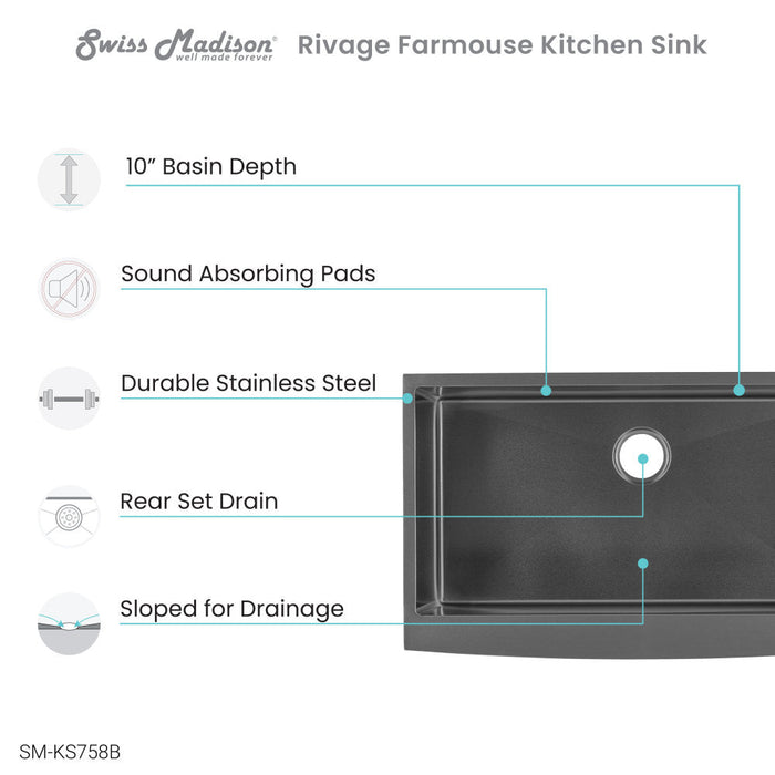 Swiss Madison Rivage 33 x 21 Stainless Steel, Single Basin, Farmhouse Kitchen Sink with Apron in Black