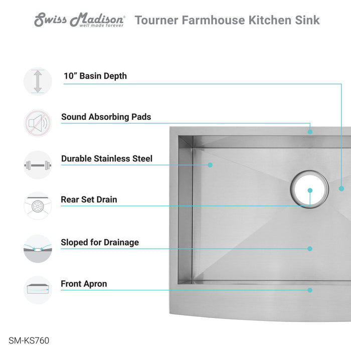 Swiss Madison Tourner 30 x 21 Stainless Steel, Single Basin, Farmhouse Kitchen Sink with Apron