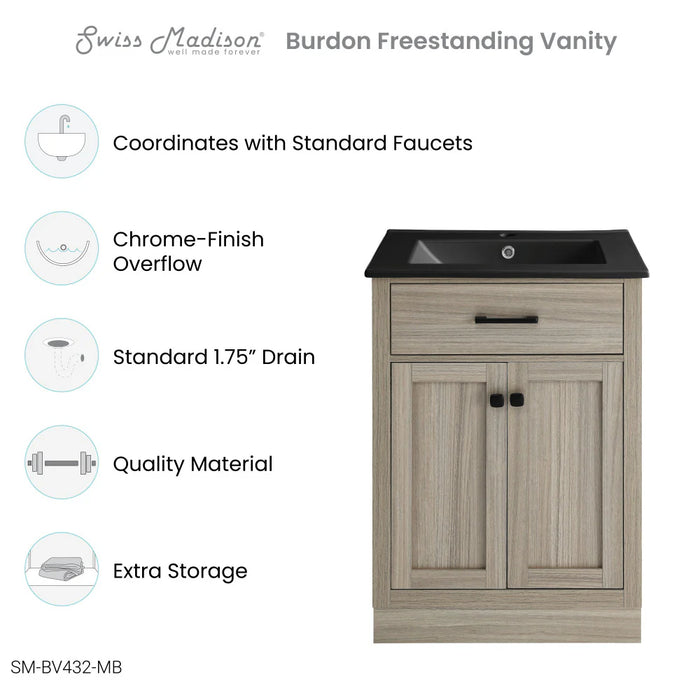 Swiss Madison Burdon 24 in. Brown Oak Bathroom Vanity With Black Ceramic Sink Top - SM-BV432MB