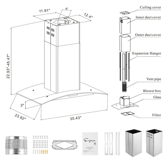 Empava 36 in. 400 CFM Kitchen Island Wall Mount Ducted Range Hood EMPV-36RH09