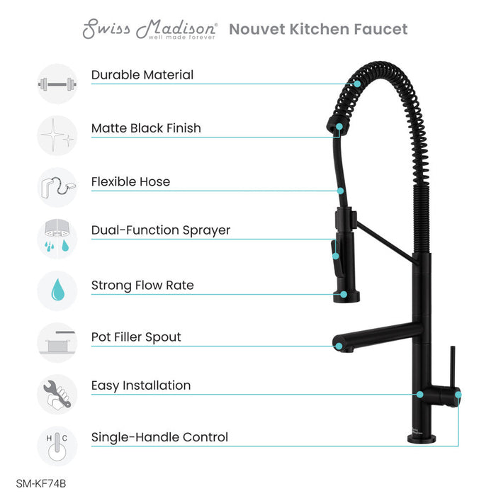 Swiss Madison Nouvet Single Handle, Pull-Down Kitchen Faucet with Pot Filler in Matte Black