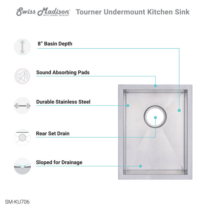 Swiss Madison Tourner 14 x 18 Stainless Steel, Single Basin, Undermount Kitchen Sink