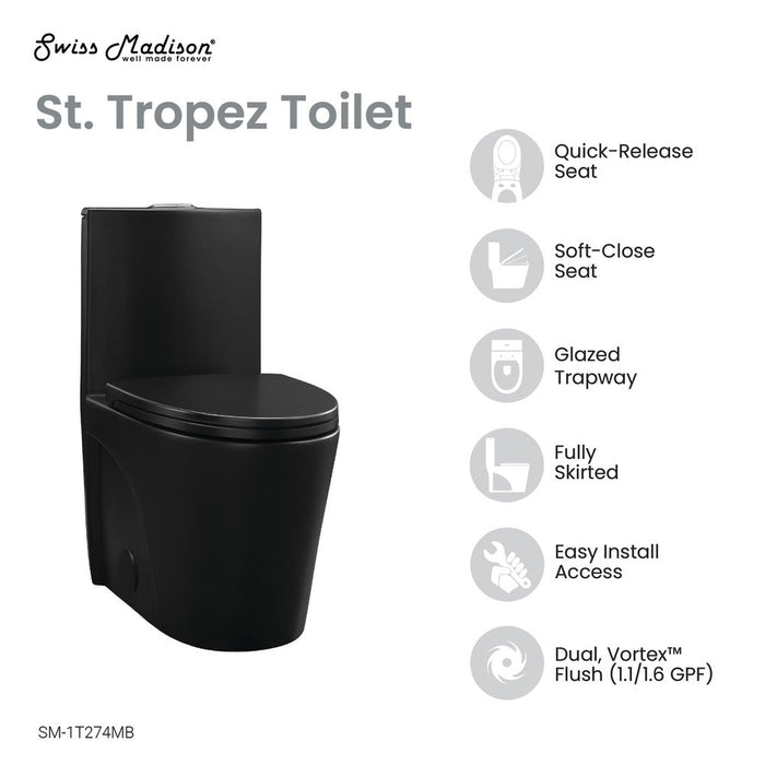 Swiss Madison St. Tropez One Piece Elongated Toilet Dual Vortex Flush 1.1/1.6 gpf with 10" Rough-In, Matte Black