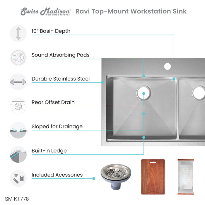 Swiss Madison Ravi Dual Basin 33 x 22 Topmount Kitchen Workstation Sink