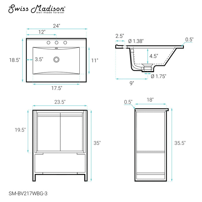 Swiss Madison Marseille 24 in. White Bathroom Vanity With White, 3-Hole Ceramic Sink Top - SM-BV217WBG-3