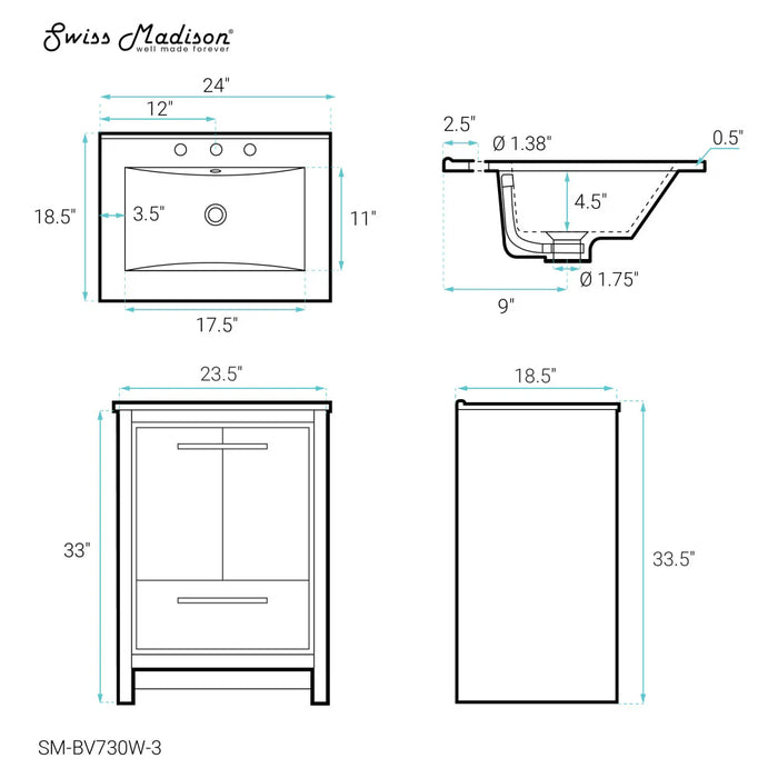 Swiss Madison Virage 24 in. White Bathroom Vanity With White, 3-Hole Ceramic Sink Top - SM-BV730W-3