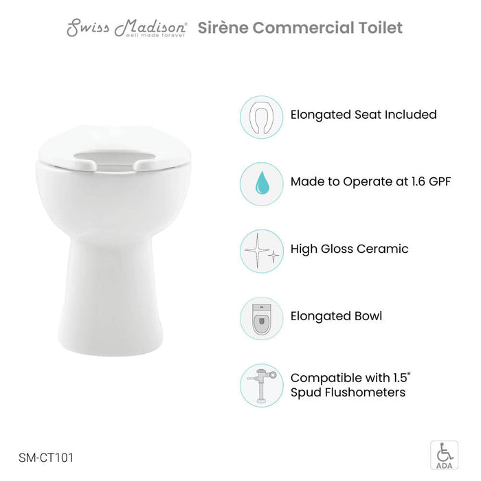 Swiss Madison Sirene Floor-Mounted Comfort Height Commercial Elongated Top Flush Spud Flushometer Toilet Bowl