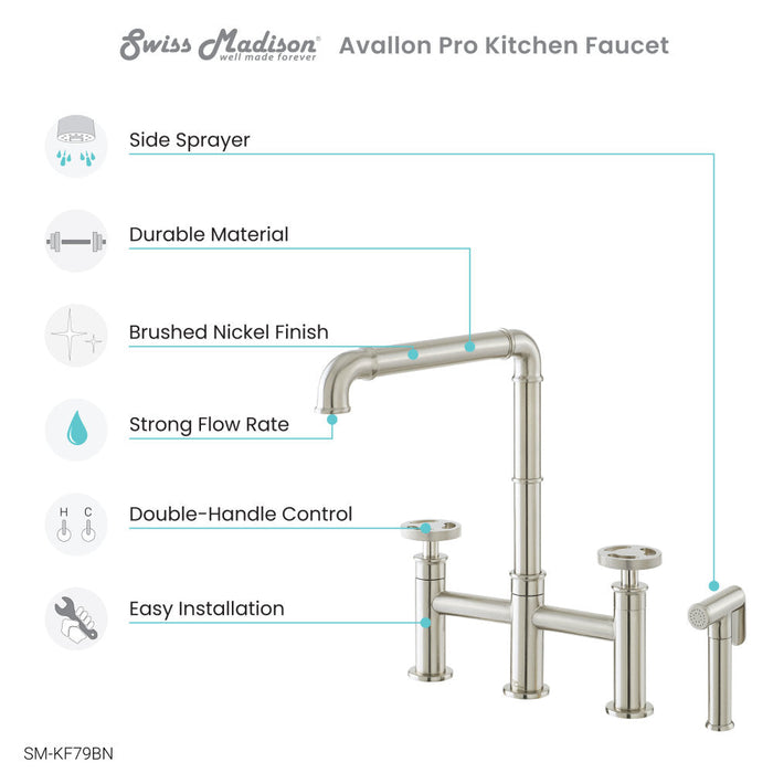 Swiss Madison Avallon Pro Widespread Kitchen Faucet with Side Sprayer in Brushed Nickel