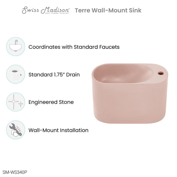 Swiss Madison Terre 17.5" Right Side Faucet Wall-Mount Bathroom Sink in Pale Pink