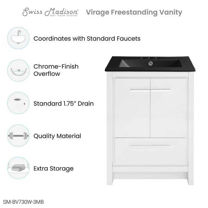 Swiss Madison Virage 24 in. White Bathroom Vanity With Black, 3-Hole Ceramic Sink Top - SM-BV730W-3MB