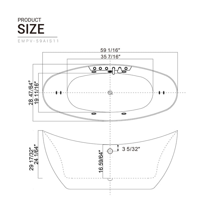 Empava 59" Freestanding Boat-shaped Whirlpool Bathtub with Center Drain EMPV-59AIS11