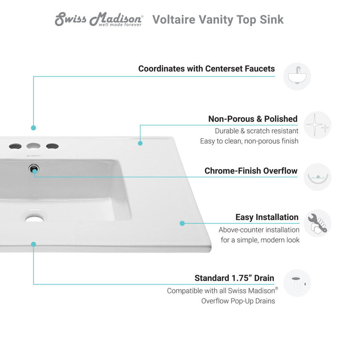 Swiss Madison Voltaire 31 Vanity Top Sink with 3 Centerset Faucet Holes