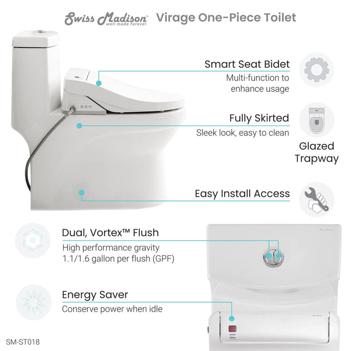 Swiss Madison Virage One-Piece Toilet with Vivante Smart Seat 1.1/1.6 gpf