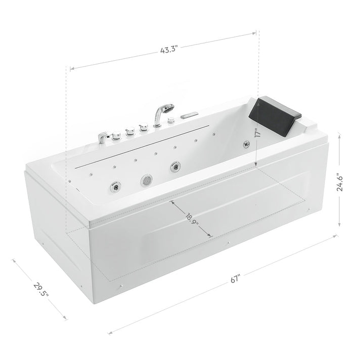 Empava 67" Alcove Combination Massage Inline Heater LED Tub with Left Drain EMPV-67JT351LED