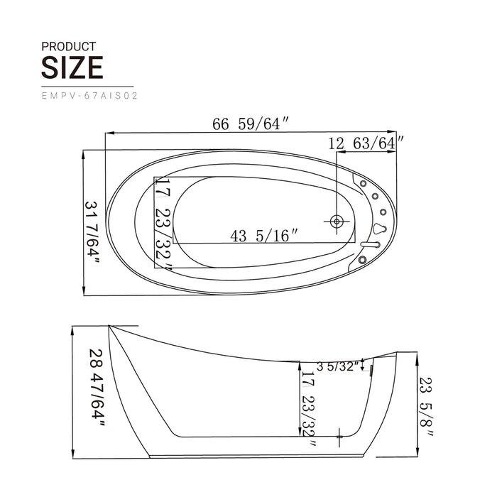 Empava 67" Freestanding Whirlpool Bathtub with Reversible Drain EMPV-67AIS02