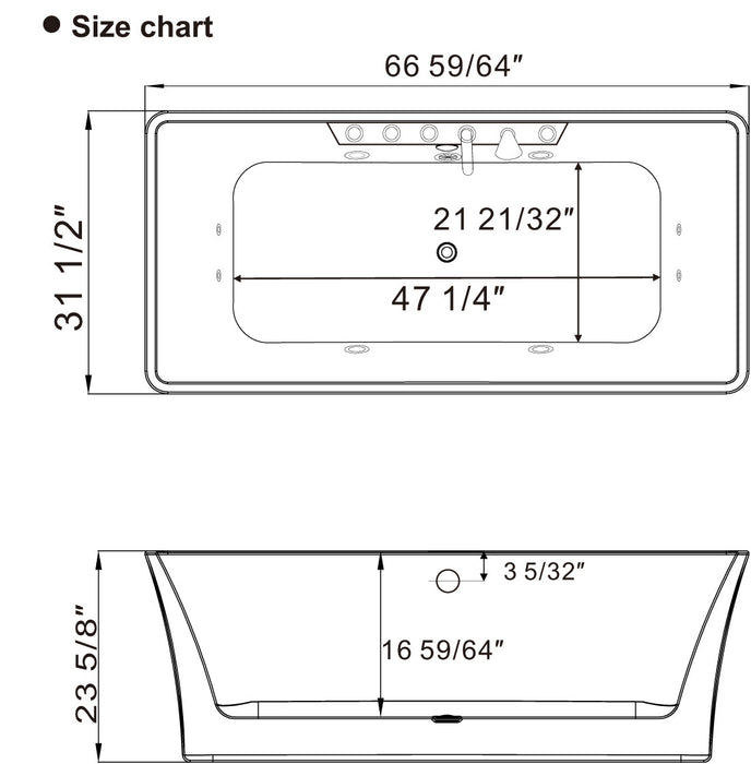 Empava 67" Freestanding Whirlpool Bathtub with Center Drain EMPV-67AIS16