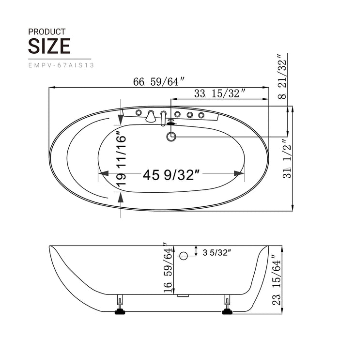 Empava 67" Freestanding Whirlpool Bathtub with Center Drain EMPV-67AIS13