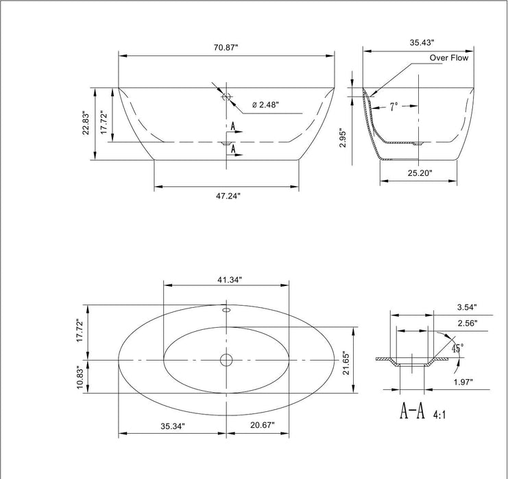 Empava 71" Freestanding Soaking Tub with Center Drain EMPV-71FT1503