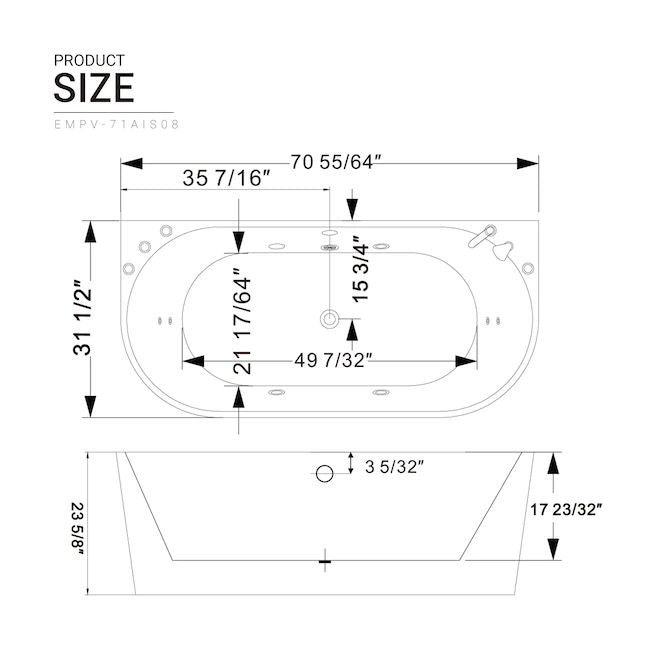 Empava 71" Freestanding Hydro Massage Whirlpool Bathtub with Center Drain EMPV-71AIS08