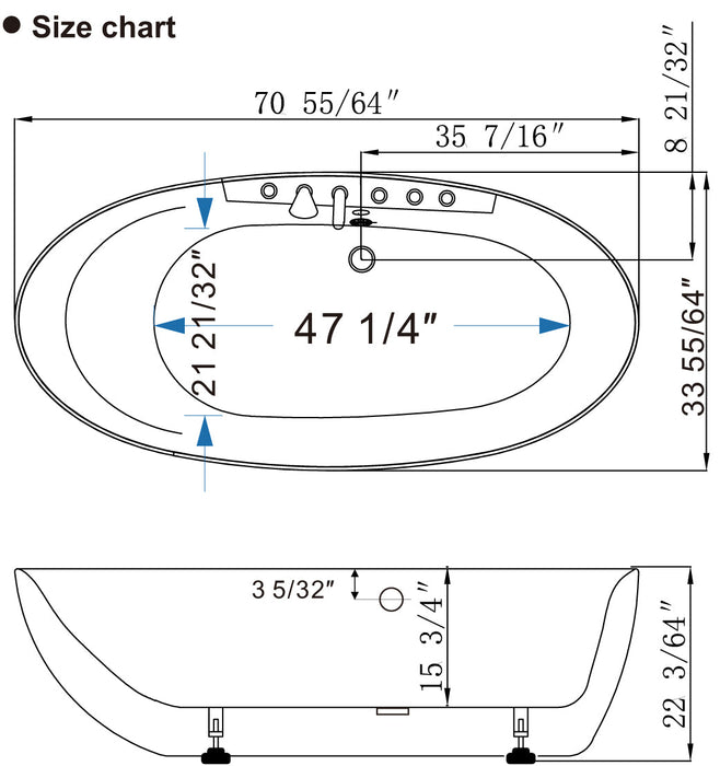 Empava 71" Freestanding Whirlpool Oval Bathtub with Center Drain EMPV-71AIS14