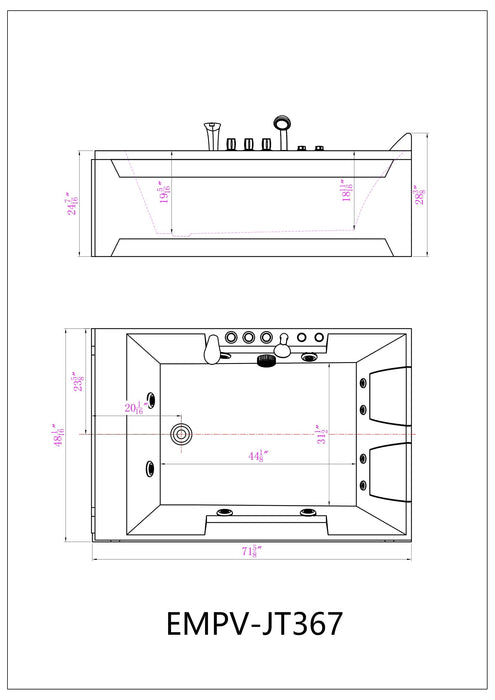 Empava 72" Alcove Whirlpool LED Bathtub for 2 Persons with Left Drain EMPV-72JT367LED