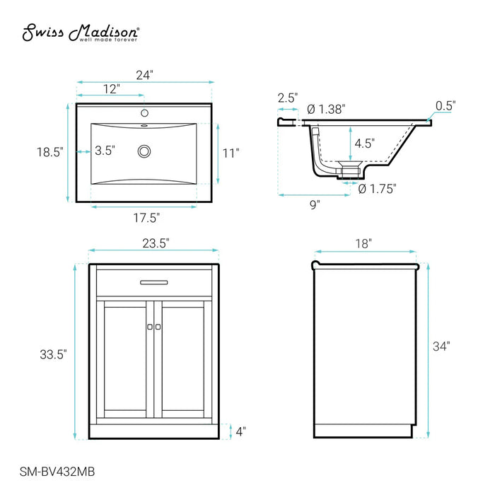 Swiss Madison Burdon 24 in. Brown Oak Bathroom Vanity With Black Ceramic Sink Top - SM-BV432MB