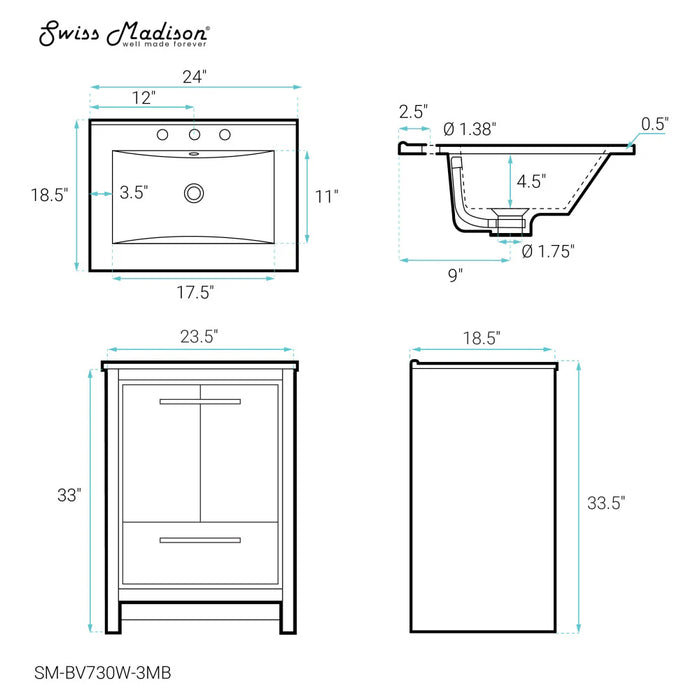 Swiss Madison Virage 24 in. White Bathroom Vanity With Black, 3-Hole Ceramic Sink Top - SM-BV730W-3MB