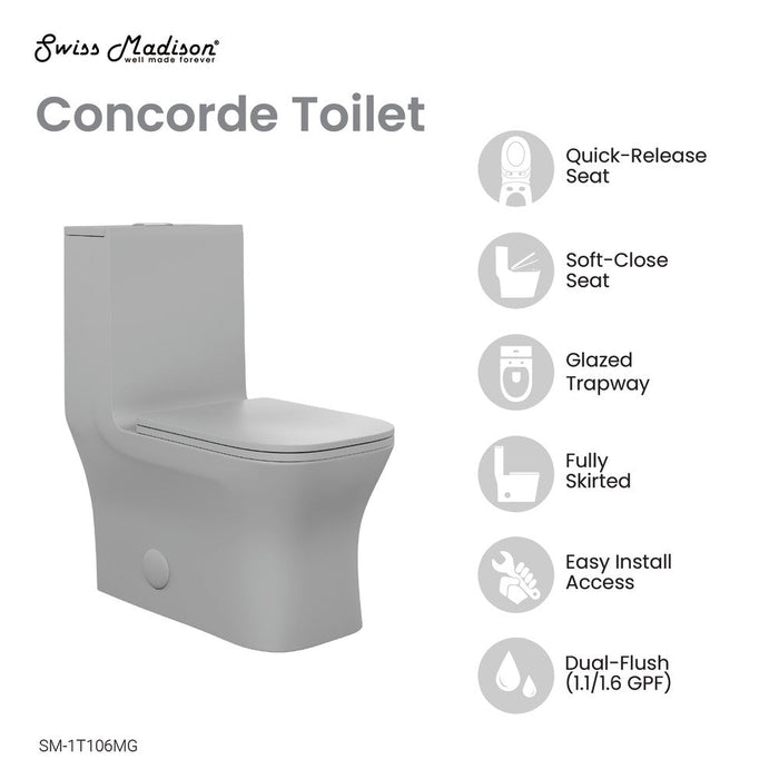 Swiss Madison Concorde One Piece Square Toilet Dual Flush in Matte Grey 1.1/1.6 gpf