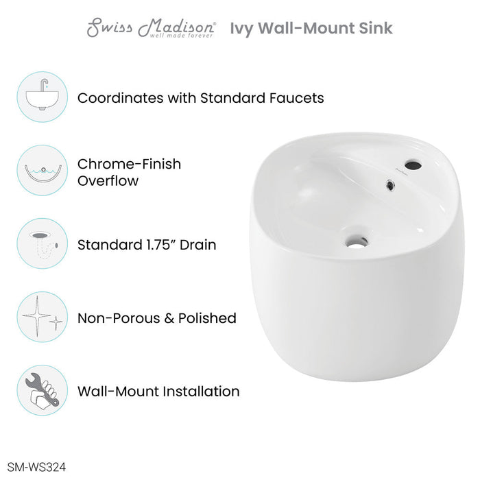 Swiss Madison Ivy 18 in. Ceramic Glossy White Wall Mount Sink