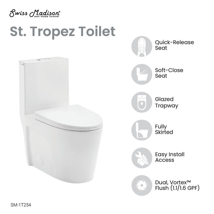 Swiss Madison St. Tropez One-Piece Elongated Toilet Vortex Dual-Flush 1.1/1.6 gpf